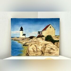 Mid Century Vtg Artist Signed Oil on Canvas Michigan UP Lighthouse Painting
